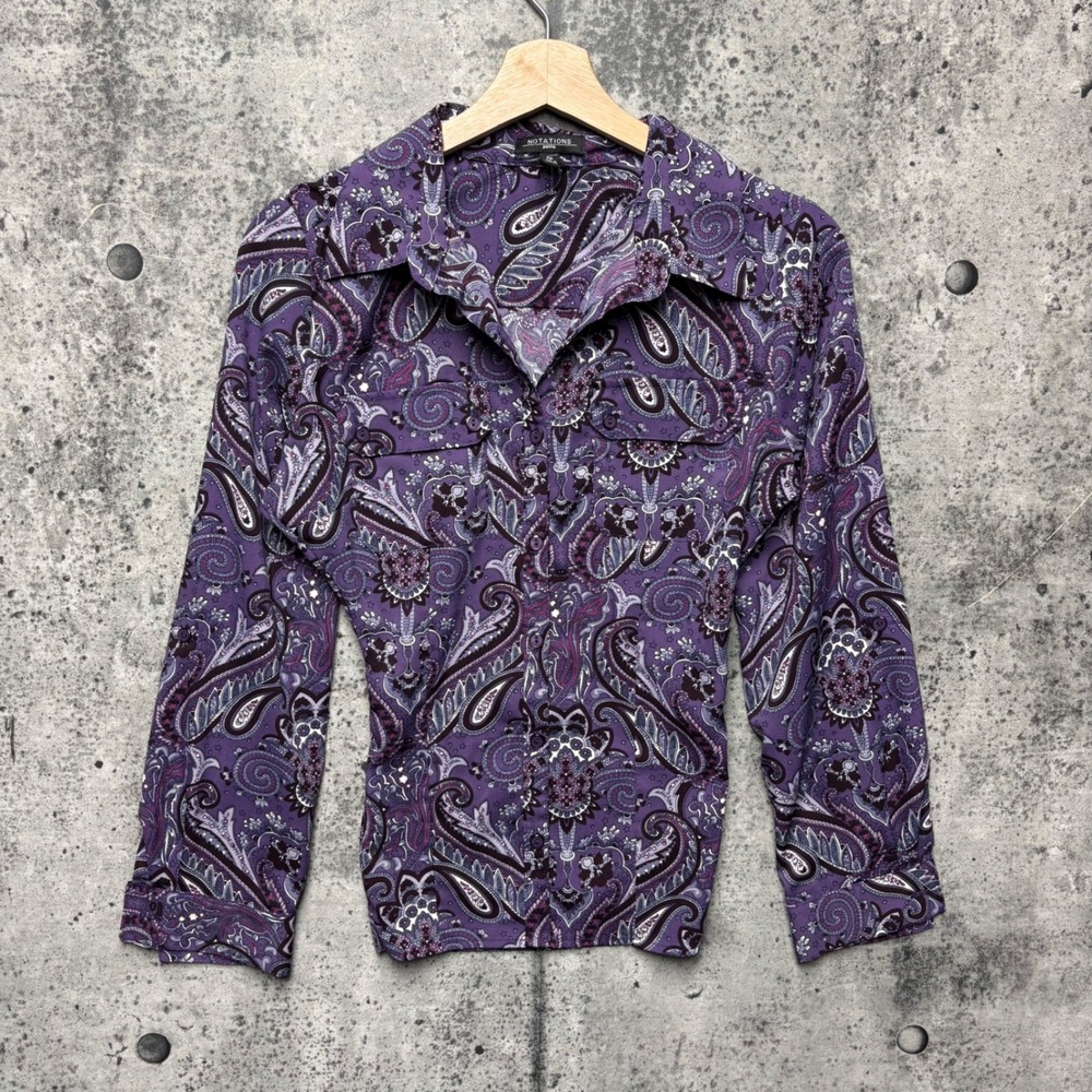 Notations Petite Purple Paisley Button Up Shirt Long Sleeve PM Pocket Blouse